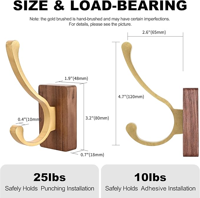2 Pack Wooden Wall Hooks for Hanging, Adhesive Mounted Wall Mounted Boho Decorative Nature Wood Coat Hook for Towel Clothes Blanket Hat Backpack Robe Nursery Door Board Entryway Key Holder Gold-Ruum Studio Home