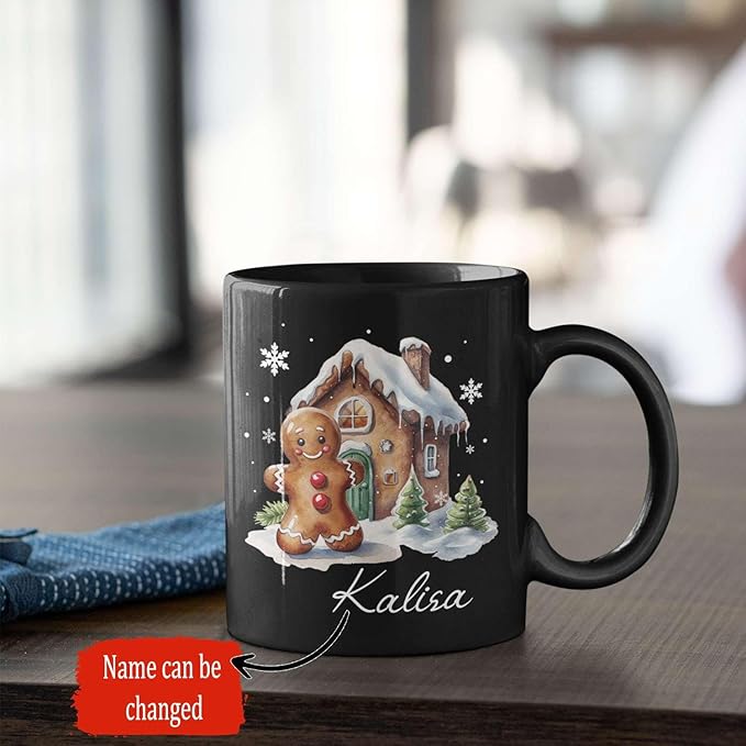 Personalized Christmas Gingerbread Black Cup, Christmas Gingerbread House Design Mug, Customized Name Christmas Coffee Cup 11oz 15oz, Custom Xmas Themed Ceramic Mug, Gift For Son Daughter-Ruum Studio Home