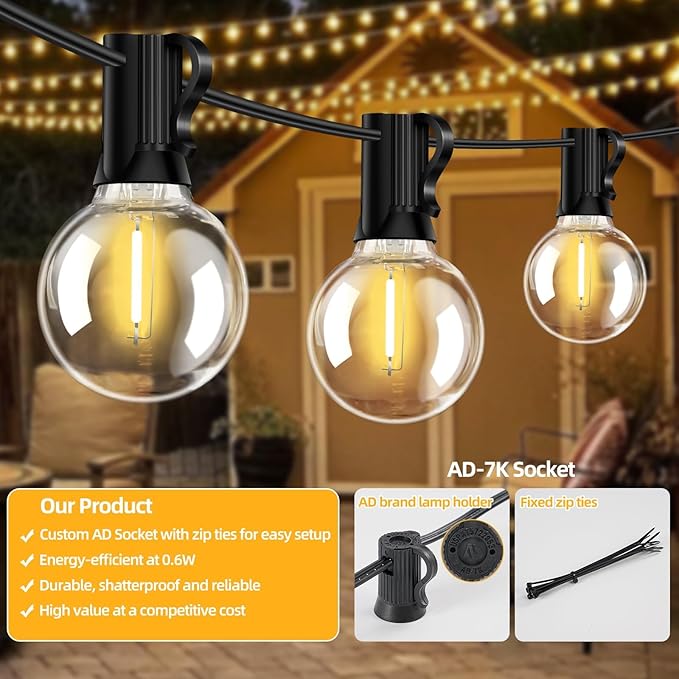25FT G40 LED Outdoor String Lights with 12+1 Bulbs, E12 Socket, 2700K Warm White, Commercial Grade Weatherproof & Connectable for Garden, Patio, Backyard, Bistro, Porch, Deck, Gazebo, Camping, Party-Ruum Studio Home