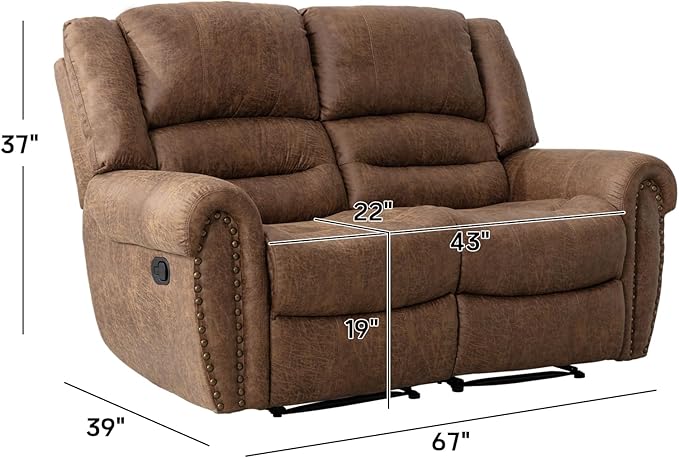 CANMOV Faux Leather Manual Loveseat Recliner, 2 Seat Reclining Chair, Overstuffed Comfortable Arms and Back Recliner Chair, Couch Set for Living Room, Bedroom Furniture, Office,Nut Brown-Ruum Studio Home