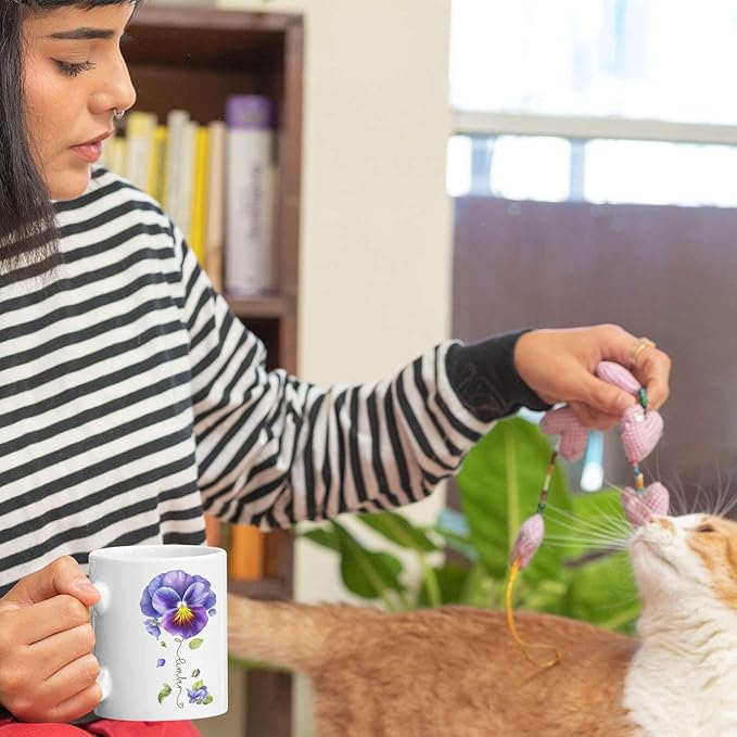 Pansy Design Ceramic Cup, Personalized Name Flower Themed Mug, Custom Coffee Cup For Pansy Flower Lover, Customized Floral Accent Mug 11oz 15oz, Pansy Cup Gift For Daughter-Ruum Studio Home