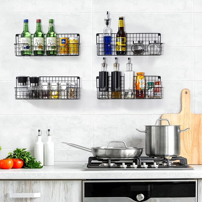 Spice Rack Wall Mount, Spice Organizer for Cabinet & Pantry Door, Set of 4 Hanging Spice Rack Saving Space for Kitchen, Black-Ruum Studio Home