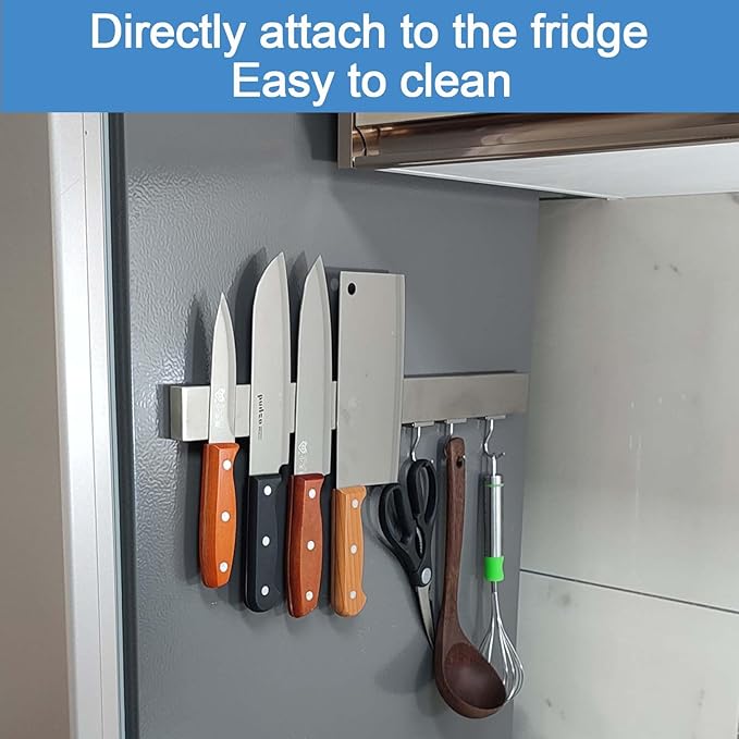 16 Inch Magnetic Knife Holder for Refrigerator - Knife Magnetic Strip for Fridge with Magnetic Hooks - Double Sided Magnetic Knife Bar - Stainless Steel Kitchen Magnetic Knife Hanger Rack-Ruum Studio Home