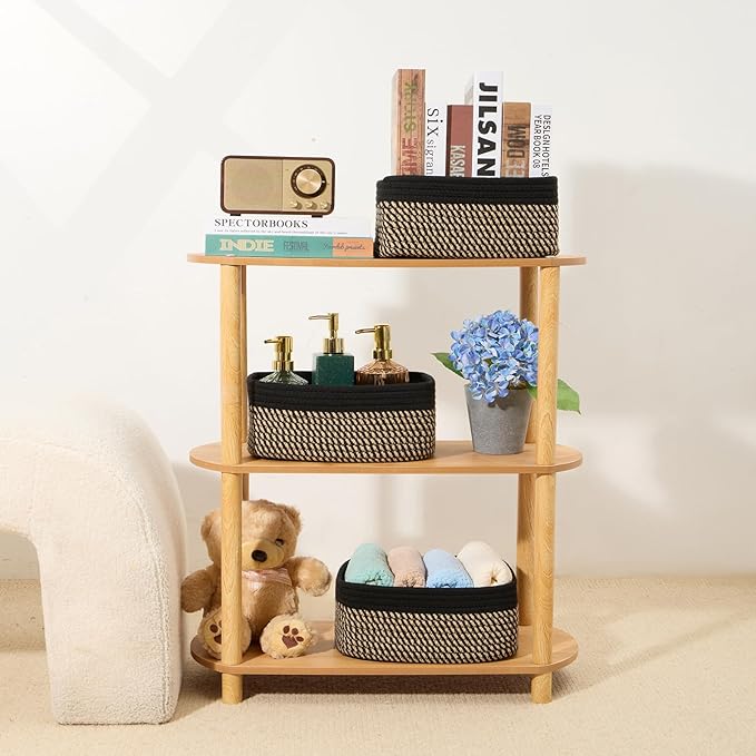 Small Storage Baskets for Organizing | Closet Organizer Bins | Shelf Toy Basket | Woven Rope Baskets | Cube Decorative Box | Shallow Basket | 11.5x7.5x4.7” | 4 Packs Black Brown-Ruum Studio Home