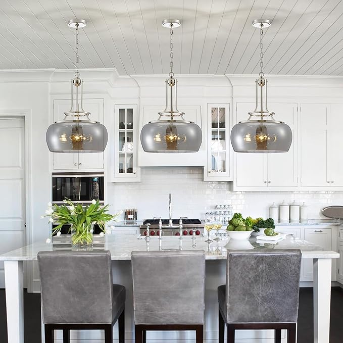 WUZUPS Nickel Chandelier Rustic Farmhouse Industrial Round Ceiling Pendant LED Light Fixture Electroplated Gray Glass Shade for Dining Room Kitchen Island Foyer Entryway, H 20.9" W 15.9", E26 Base-Ruum Studio Home