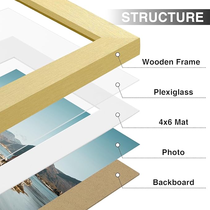Vittanly 6x8 Picture Frames Set of 9, Shatter Resistant Plexiglass, Display 4x6 Pictures with Mat or 6x8 without Mat, Photo Frames for Wall or Tabletop, Engineered Wood, Gold-Ruum Studio Home