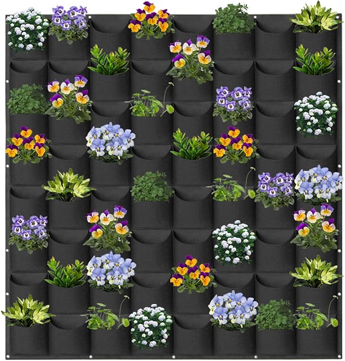 64 Pockets Hanging Planter Bags, Hanging Vertical Wall Mounted Plant Planting Grow Bags, Herb Garden Planter Outdoor Indoor Growing Bag, Gardening Vertical Greening Flower Container(1m×1m, Black)-Ruum Studio Home