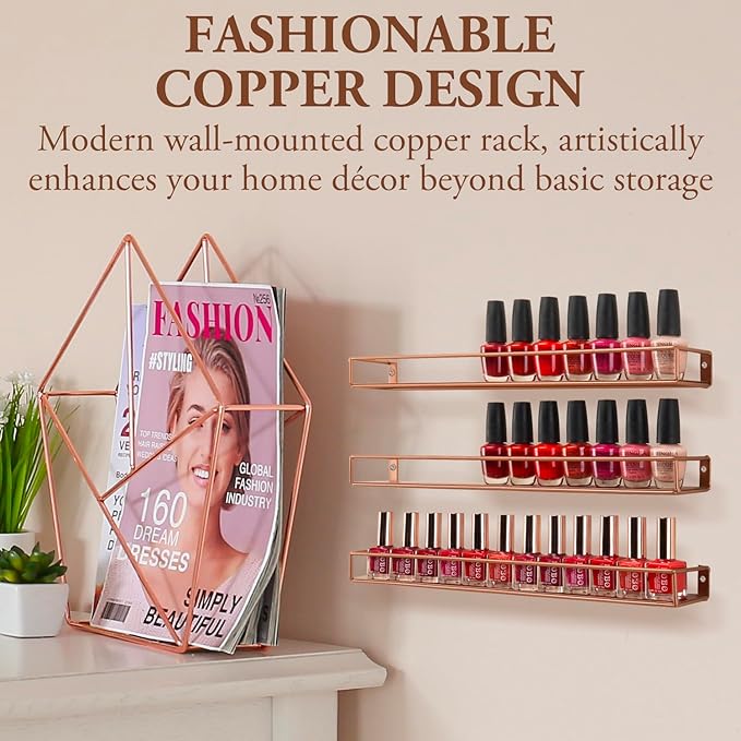 MyGift Modern Copper Metal Wall Mounted Display Racks, Set of 3-Ruum Studio Home