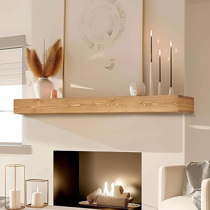 48x8x3 Fireplace Mantel - Handcrafted Hollow Rustic Solid Wood Wall Mounted Floating Shelf with Invisible Heavy Duty Wood Bracket (Natural Wood)-Ruum Studio Home