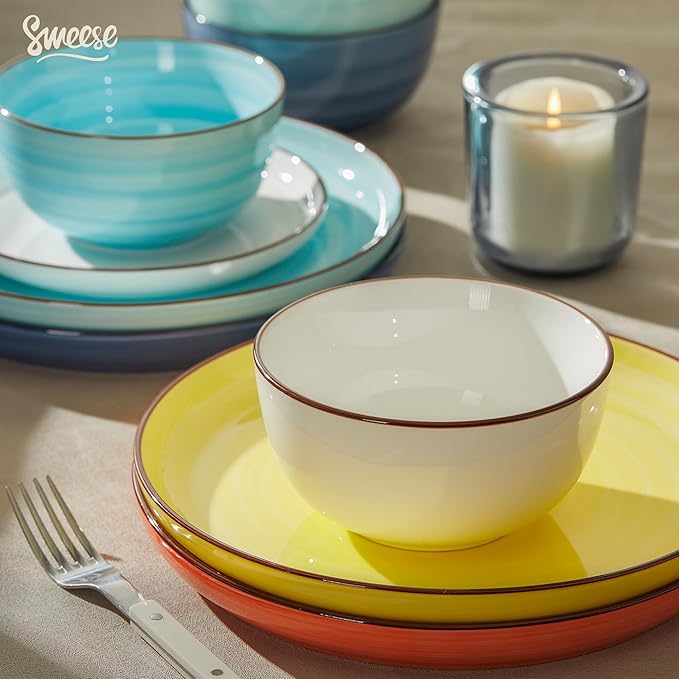 Sweese Plates and Bowls Sets, 18 Piece Dinnerware Set Porcelain Round Dinner Set for 6, Scratch Resistant Dishes Set, Dishwasher Oven Microwave Safe Handpainted Swirl Dishware Sets, Assorted Colors-Ruum Studio Home