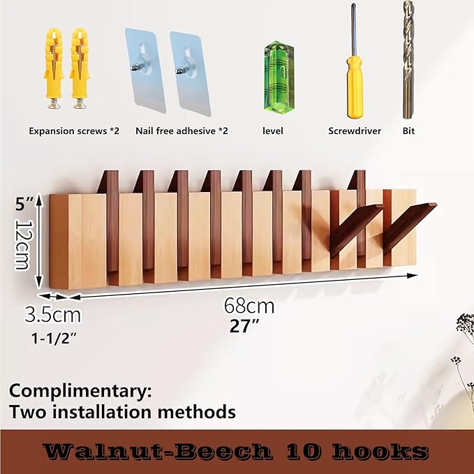 Wall Mounted Piano Key Hanger | Flip Style Hook | Entrance Wall Art Hook, Made of Oak Wood (3 Times Painted, 4 Times Polished) (Walnut-Beech, 10Hooks)-Ruum Studio Home