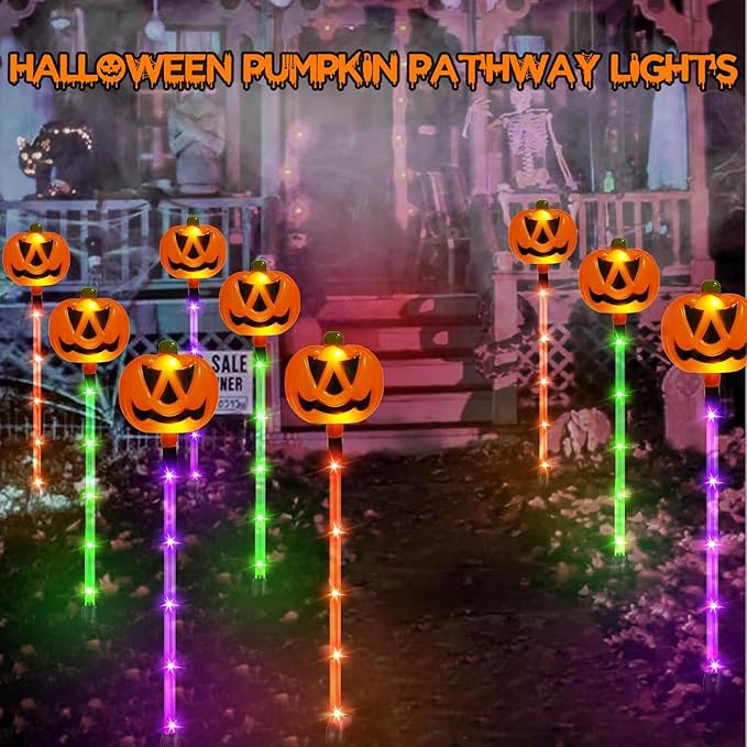 12 Pack Solar Pumpkin Lights for Halloween Decorations Outdoor, Waterproof Halloween Pathway Lights with 8 Modes, Orange Purple and Green Halloween Walkway Stake Lights for Yard Garden Party Decor-Ruum Studio Home