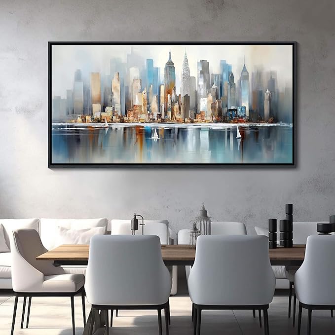 DUNHUANG ART New York City Skyline Abstract Art - Modern Manhattan City View Painting for Home Decor - Large Framed Cityscape Wall Art 20"x40"-Ruum Studio Home