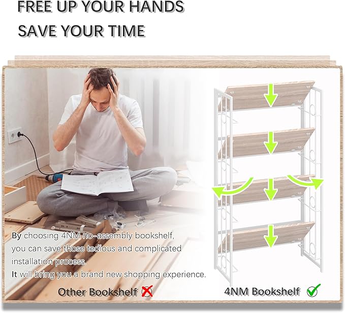 4NM No Assembly 4 Tiers Folding Bookshelf, 47.2" H Foldable Storage Shelves Vintage Bookcase Standing Racks Study Organizer Home Office - Natural White-Ruum Studio Home