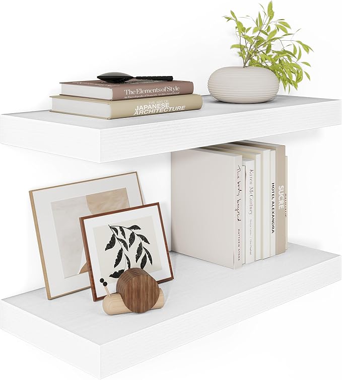 White Floating Shelves for Wall, 24 Inch X 12 Deep Shelves for Room Wall Mounted，2" Thick Heavy Duty Holds 55lbs Floating Shelf for Bedroom Bathroom Kitchen Laundry Room, Set of 2-Ruum Studio Home