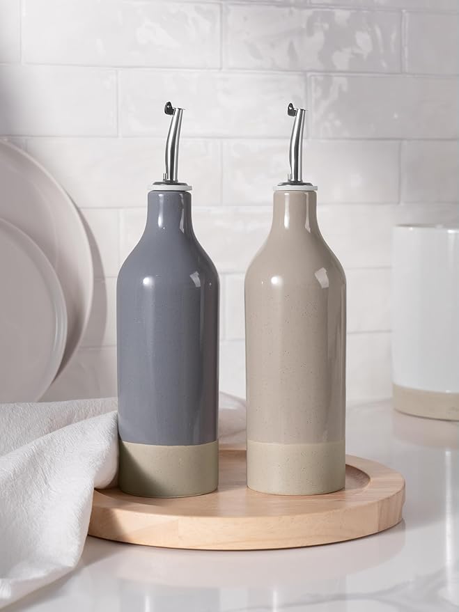 famiware Milkyway 16oz Ceramic Olive Oil Dispenser Bottle, Olive Oil and Vinegar Dispenser Bottle Set of 2 with Stainless Steel Pourers, Suitable for Storage Liquids, Dark Gray and Cinnamon Brown-Ruum Studio Home