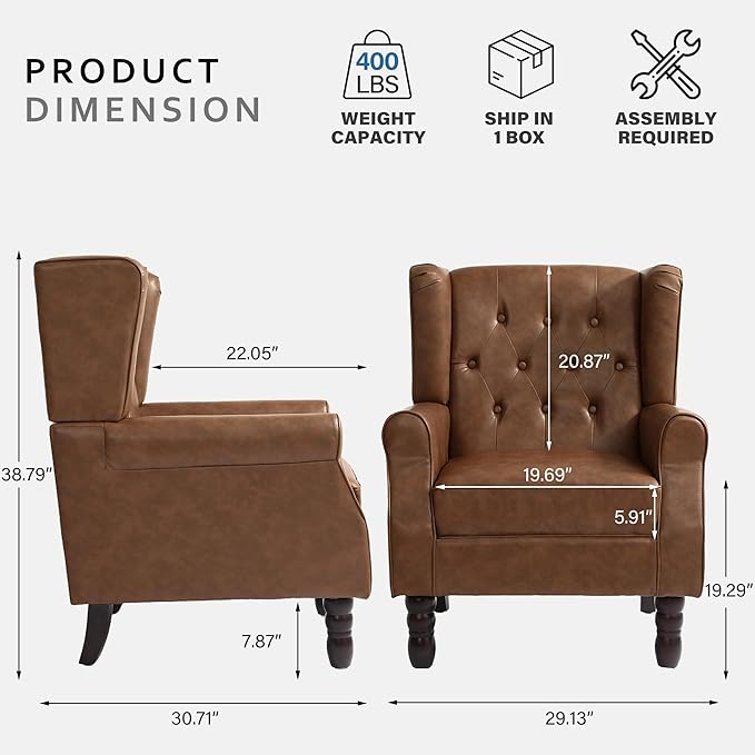 High Back Accent Chairs Set of 2,Upholstered Faux Leather Wingback Armchairs with Solid Wood Legs for Small Spaces,Comfy Single Sofa Chairs for Living Room,Bedroom,Office-Brown-Ruum Studio Home