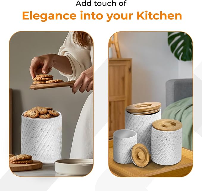 Ceramic Canister Set for Kitchen Countertop & Pantry – 3 Airtight Food Storage Containers for Flour, Sugar & More – Durable White Ceramic with Bamboo Lids-Ruum Studio Home