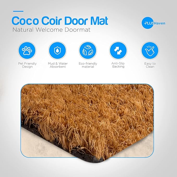 PLUS Haven Coco Coir Door Mat with Heavy Duty Backing, Natural Welcome Doormat, 17.5”x30” for Entrance, Front Porch, Easy to Clean Entry Mat, Outdoor and Indoor Uses, Home Décor-Ruum Studio Home
