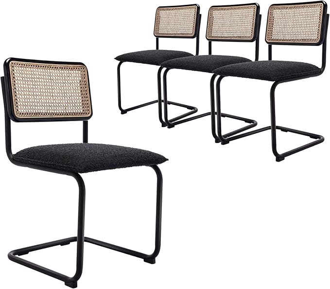 Mid Century Modern Rattan Dining Chairs Set of 4, Boucle Kitchen Chairs with Handwoven Mesh Rattan Backrest and Metal Legs, Upholstered Accent Side Chairs, Black-Ruum Studio Home