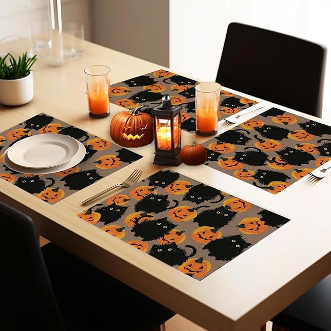 Halloween Placemats Cat Pumpkin Set of 4 Table Mats Seasonal Cute Home Party Kitchen Dining Table Decorations-Ruum Studio Home