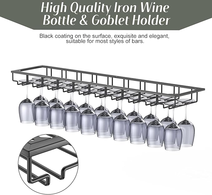 Xverycan Wine Glass Rack Under Cabinet, 10 Row Extreme Large Stemware Hanger, Metal Wine Goblet Holder, DIY Bar Glass Storage Rack for Bar Counter, Kitchen, Screws Included-Ruum Studio Home