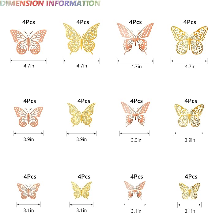 SAOROPEB 3D Butterfly Wall Decor, 48 Pcs 4 Styles 2 Color 3 Sizes, Removable Metallic Wall Sticker Room Mural Decals for Kids Bedroom Nursery Classroom Party Decoration (2 Color)-Ruum Studio Home