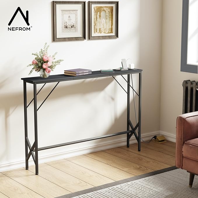 47.2'' Console Table, Skinny Entryway Table with Fast-Charging Station, Narrow Long Sofa Table, Behind Slim Couch Table for Entrance, Hallway, Living Room Decor ST-BK120-1-Ruum Studio Home