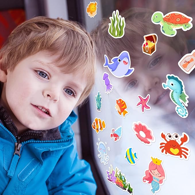 Sea Animals Gel Clings for Kids, 21PCS Thick Vinyl Decals, Cartoon Animal Stickers for Classroom, Home, Nursery, Airplane Birthday Party Supplies, Reusable, Water Resistant, Indoor Usage-Ruum Studio Home