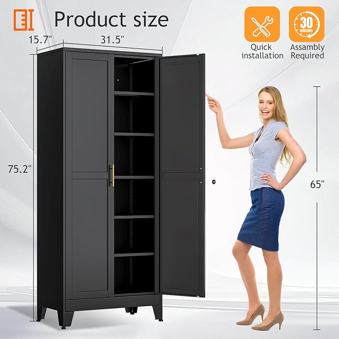 Kitchen Pantry Storage Cabinet with Doors and Adjustable Shelves, Metal ClosetMaid Food Pantry Cabinets, 75" Tall Freestanding Cupboard for Kitchen, Laundry or Utility Room, Black-Ruum Studio Home