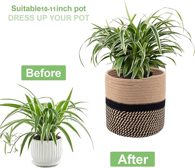 Woven Cotton Rope Plant Basket for 11" Flower Pot Floor Indoor Planters,Storage Organizer Basket Rustic Home Decor (11" x 11",Black and Brown Stripes)-Ruum Studio Home
