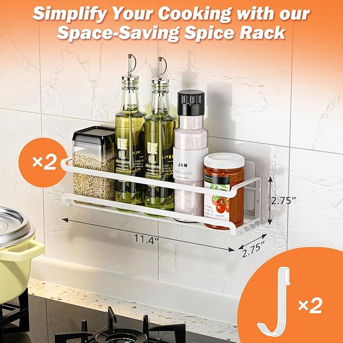 Spice Rack wall mounted 2 Pack, Space-Saving Spice Organizer for Spice Jars and Seasonings,Screw or Adhesive Hanging Spice Rack Organizer for Your Kitchen Cabinet,or Pantry Door,White-Ruum Studio Home
