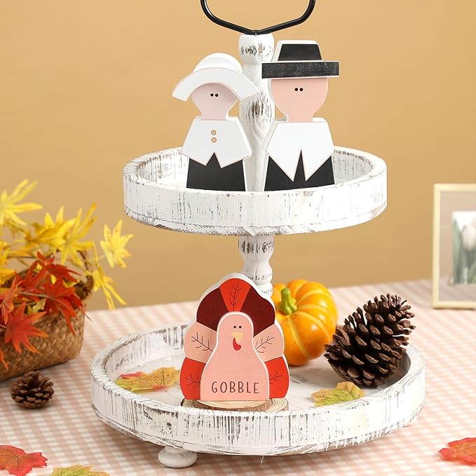 Amorita Fall Thanksgiving Decorations Wooden Turkey Pilgrim Couple Table Sign 3 Pcs Fall Thanksgiving Decor Standing Tabletop Sign Decor for Autumn Harvest - Z-Ruum Studio Home