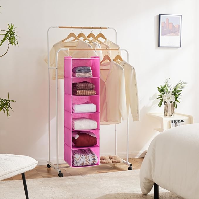MAX Houser 6-Shelf Hanging Closet Organizer, Hanging Storage Shelves with 2 Sturdy Hooks Space-Saving for Bedroom, Foldable (Pink)-Ruum Studio Home