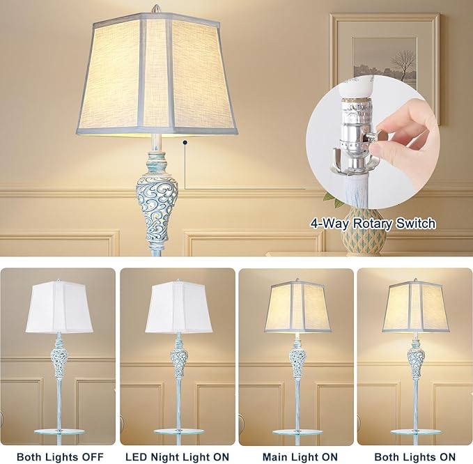 Vintage Floor Lamp with Night Light and Glass Tray, 65" High Retro Standing Lamp with Washed Blue Finish and White Linen Shade, Farmhouse Tall Lamp Decor for Living Room Bedroom House (Bulb Included)-Ruum Studio Home