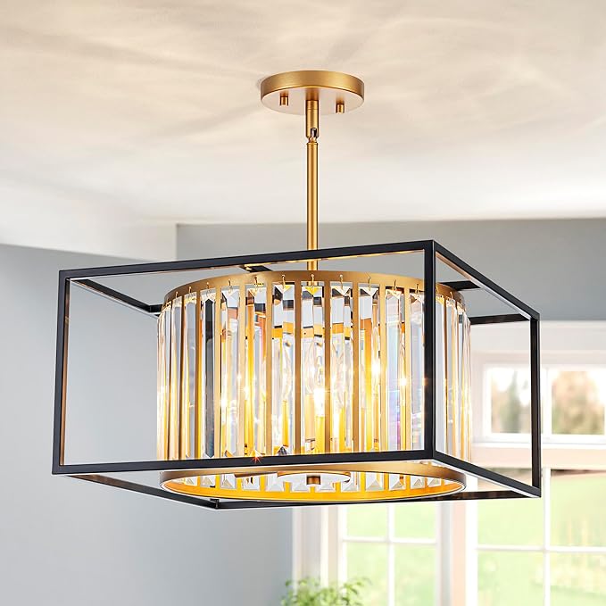 5-Lights K9 Crystal Chandelier, Modern Style Pendant Light Fixture for Dining Room, Bedroom & Living Room, Gold & Black Finish, L16.5 * W16.5 * H12~48 inch (Adjustable Height)-Ruum Studio Home