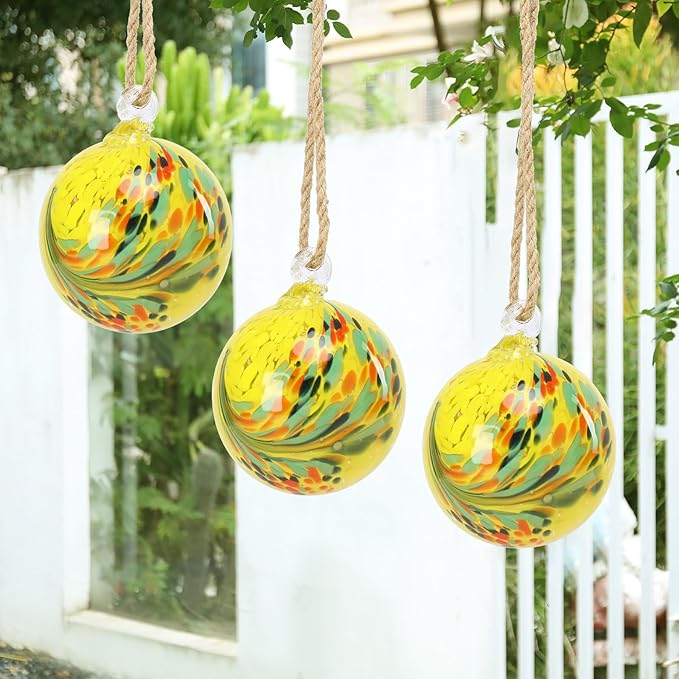 VCUTEKA Hanging Garden Gazing Ball, Hand-Blown Glass Witch Ball for Outdoor Garden Décor, 6" Yellow Swirl-Ruum Studio Home