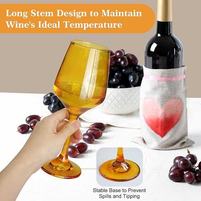 Amber Wine Glasses Set of 6-12oz Amber Long Stem Wine Glass Cups, Pretty Crystal Glassware, Hand Blown Goblets Drinkware, Unique Drinking Stemware Holiday Gift Set-Ruum Studio Home