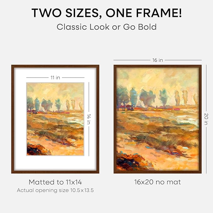 Homeforia 16x20 Picture Walnut Frame, High End Dark Oak 16x20 Wooden Brown Frames with Mat 11x14, 16 x 20 Wood Poster Frame Matted to 11 by 14, 20x16 Hanging Frames, Tempered Glass, Wall Kit, Set of 1-Ruum Studio Home