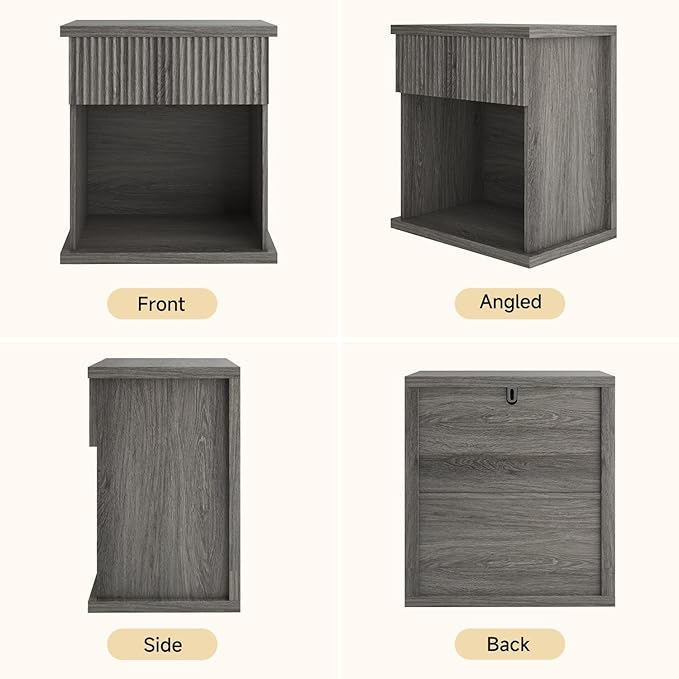 Fluted Nightstand Set of 2, 22.8" Wide Nightstands with Drawer Storage Large Wood BedsideTable Night Stands for Bedroom, Grey Oak-Ruum Studio Home