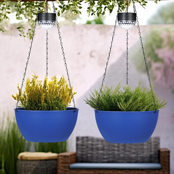 2 Packs Hanging Planters Basket for Outdoor Plants, Solar Powered Self Watering Blue Round Plastic Flower Pots with Drainer for Balcony Patio Garden Outdoor Decoration-Ruum Studio Home