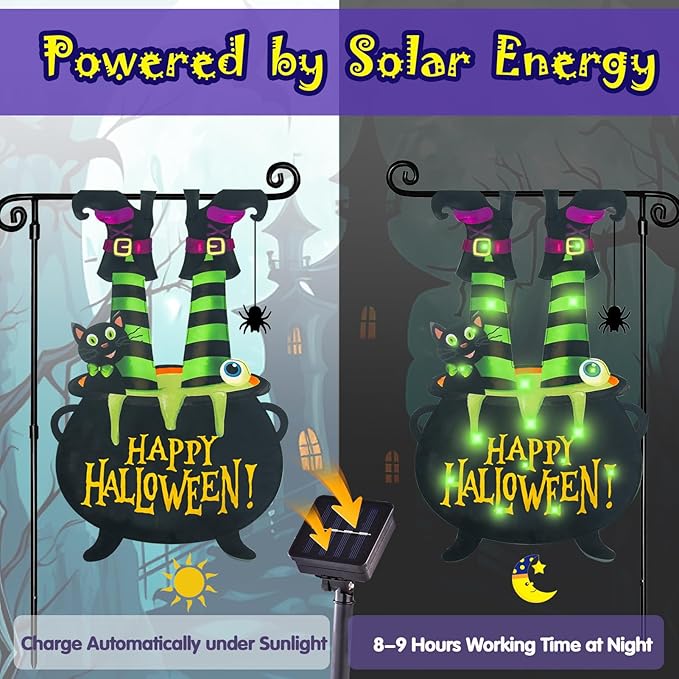 Halloween Lighted Garden Flag for Outside, Witch Feet Shape Flag Yard Decor, 8 Modes Double Sided Cauldron Eyeball Black Cat Outdoor Hlloween Decorations for Home Porch (Green-28x40)-Ruum Studio Home