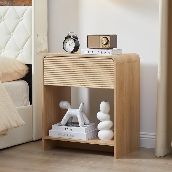 Fluted Nightstand with Charging Station, Mid Century Modern Bed Side Table End Table with Drawer Storage, Large Wooden Night Stands Bedside for Bedroom Living Room Sofa Office, Natural-Ruum Studio Home