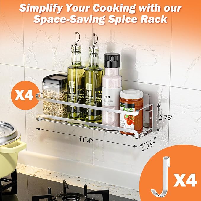Spice Rack wall mounted 4 Pack, Space-Saving Spice Organizer for Spice Jars and Seasonings,Screw or Adhesive Hanging Spice Rack Organizer for Your Kitchen Cabinet,or Pantry Door,Chrome-Ruum Studio Home