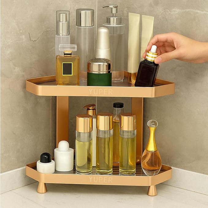 YUPER Bathroom Counter Organizer, 2-Tier Corner Bathroom Organizers and Storage, Makeup Storage Shelf Vanity Tray Perfume Organizer, Bedroom Corner Counter Storage Sink Shelf Gold-Ruum Studio Home