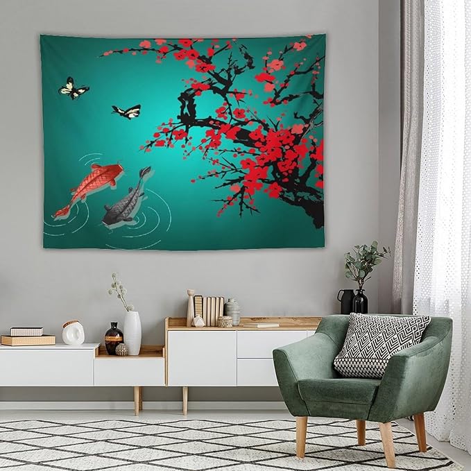 Houselerax Japanese Koi Fish Tapestry, Cherry Blossoms Asian Oriental Green Teal Floral Branch Koi Fish Carp Tapestries Wall Hanging for Bedroom Living Room Office Decor 80"x60"-Ruum Studio Home