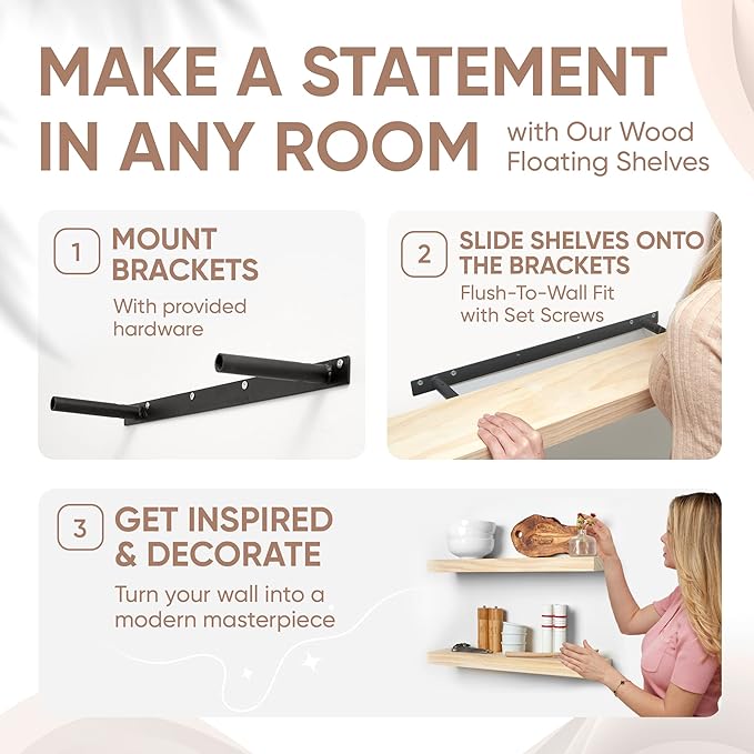 Homeforia 24 inch Natural Floating Shelf, High End Solid Real Wood 24inch Small Floating Shelves for Wall Mounted, Natural Wooden Floating Shelves, Heavy Duty Bracket, 24 X 6.5 X 1.75 in, Set of 3-Ruum Studio Home