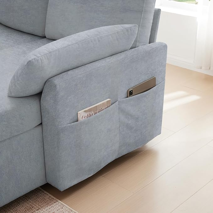 Waxberry Sectional Sofa Couch, Pull Out Couch Sleeper Sofa Bed with Storage for Living Room, Reversible Chaise, Side Pockets & Dual USB/Type-C Ports, Includes 1 Blanket, Grey-Ruum Studio Home