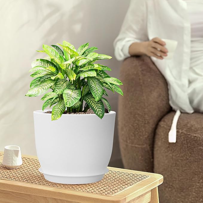 12/10/9 inch Large Plant Pots, 3 Pack Modern Decorative Plastic Planters with Drainage Holes and Saucers, Flower Pots for Indoor Outdoor Plants, White-Ruum Studio Home