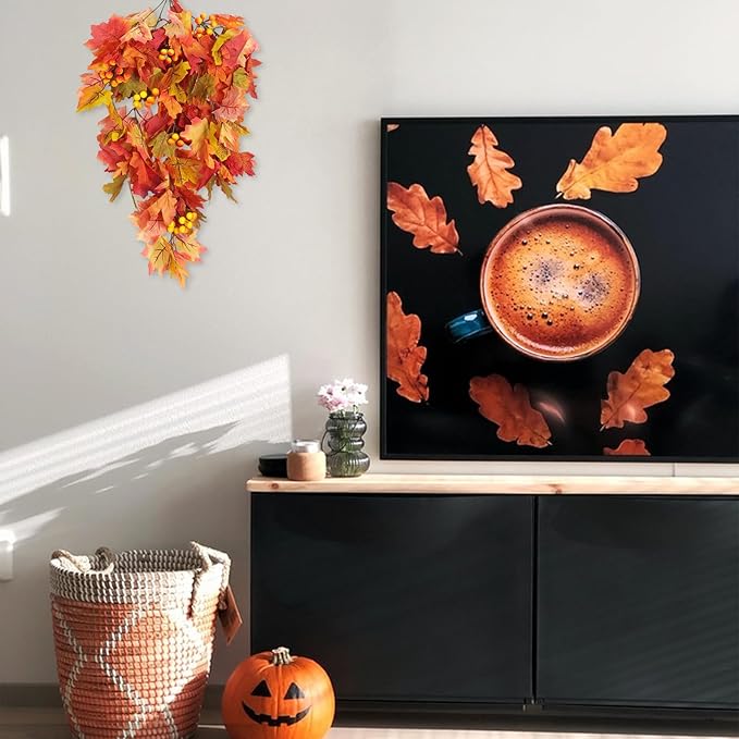 RECUTMS Fall Leaves Hanging Plant Artificial Fall Leaves Garland with Berry Fake Autumn Wall Hanging Leaf Vines for Home Halloween Party Door Frame Fireplace Decoration(Orange with Berry)-Ruum Studio Home